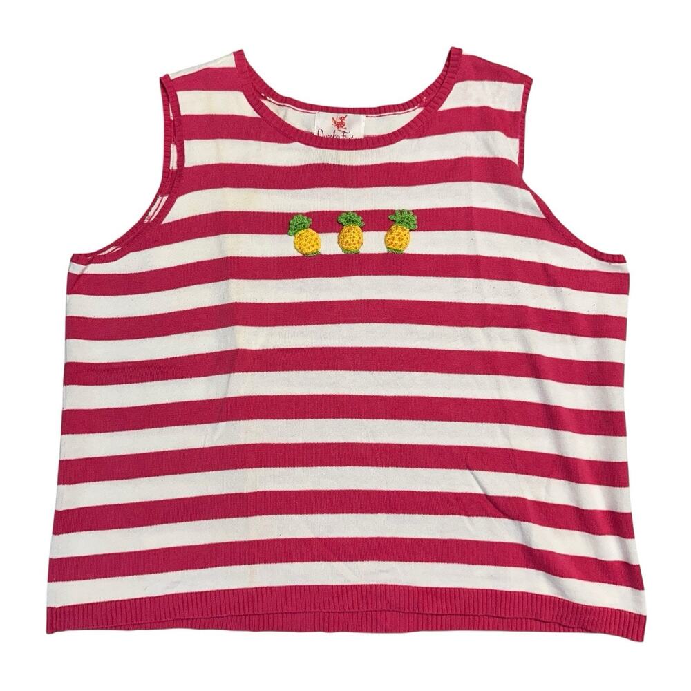 Quacker Factory Sweater Tank Top Striped Pineapples Beaded Tank Top 2X Pink